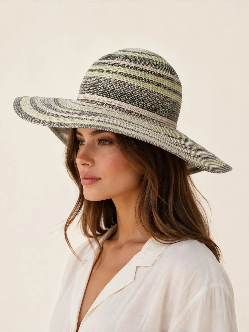 Target Striped Wide-Brim Sun Hat - Green, Gray, Cream